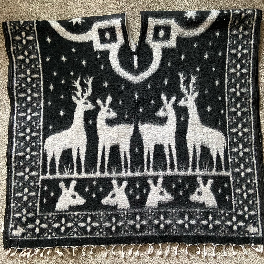 Black and White Mexican Deer Print Fringe Pancho 36 long and 40 inches wide
